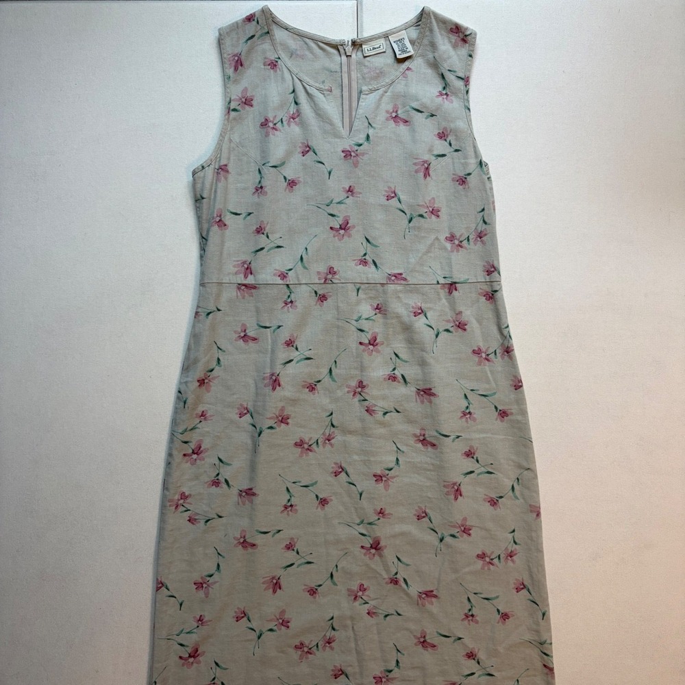 LL Bean Floral Linen Midi Dress 10 PET Tan Pink Sleeveless Sheath Slit V-Neck